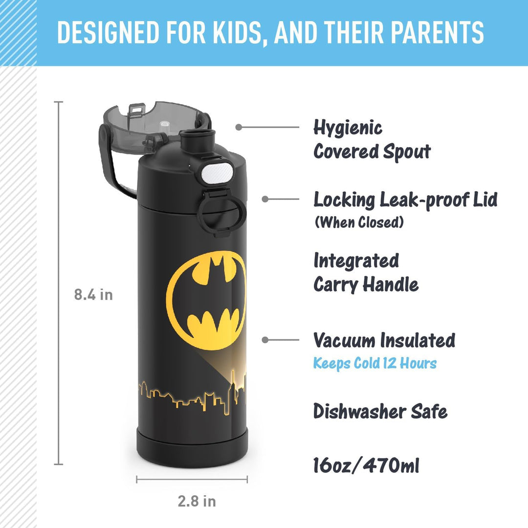 THERMOS Funtainer Edelstahl-Vakuum-Isolierflasche mit breitem Ausgiessdeckel, 473 ml, Batman, Batman