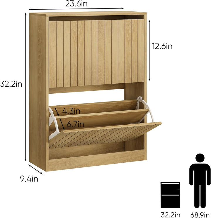 Schuhschrank mit vertikalen Rillentüren, 2 Klappschubladen, schmaler Schuhschrank für den Eingangsbe