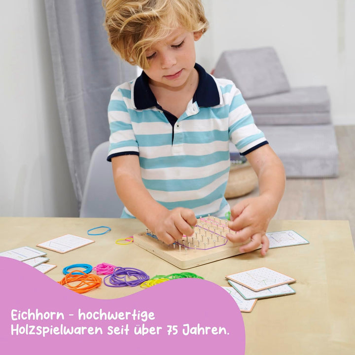 Eichhorn – Montessori – Geometriebrett mit 64 Nägeln und 30 farbigen Gummis, fantasievolles befestig