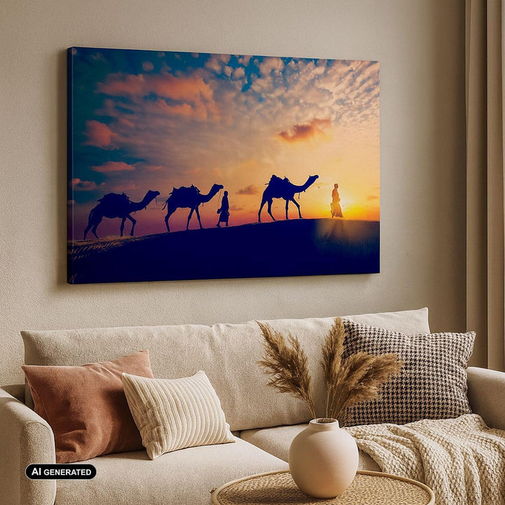 Bilder auf Leinwand 100x70cm Leinwandbild mit Rahmen Kamel Wohnwagen Gross Wanddeko Bild Schlafzimme