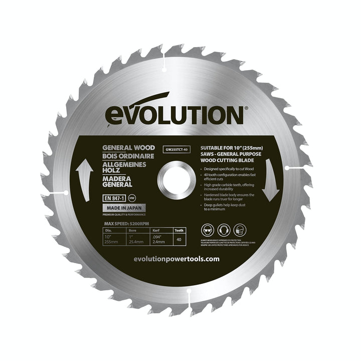Evolution GW255TCT-40 - 255-mm-Holzsägeblatt – Hartmetallbestückte 30-Zahn-Konfiguration ermöglicht