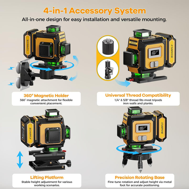 SOARFLY 4D Kreuzlinienlaser mit Stativ, 4×360° Selbstnivellierender Grüner Linienlaser, 2×4000mAh Ak
