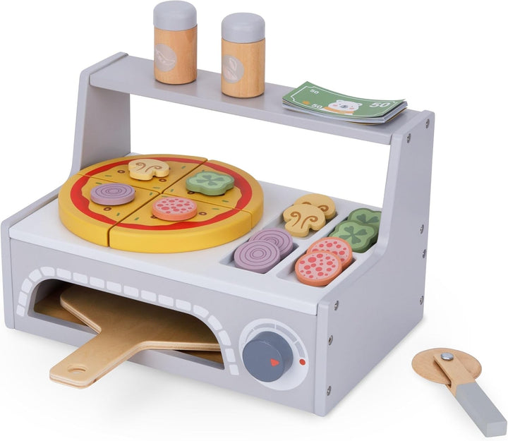 Mamabrum Holz Pizza-Backset mit Pizzaofen, Pizzastücke mit Klettverschluss, Zutaten-Scheiben, Spate