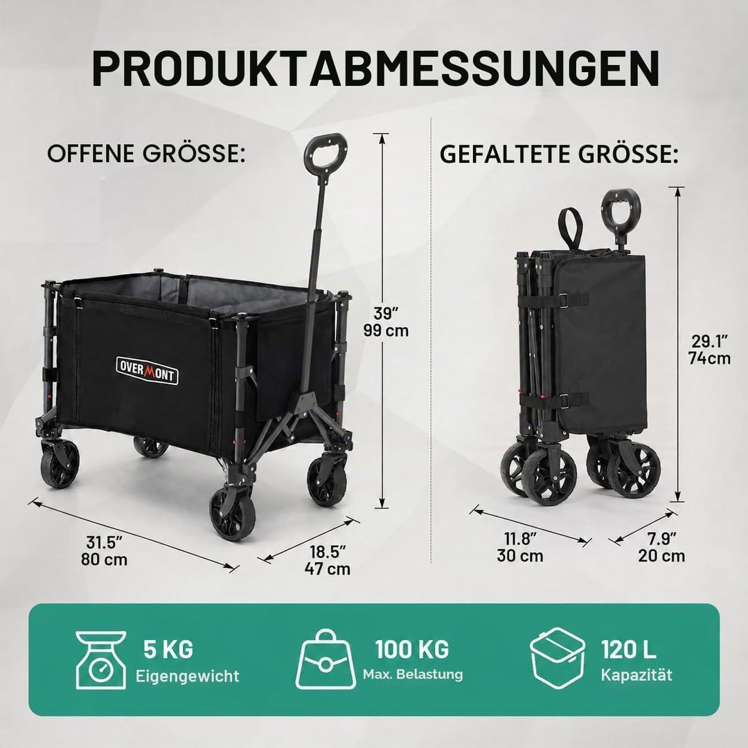 Overmont Bollerwagen Faltbar 3-in-1-120L 100KG Belastbar Klappbarer Handwagen mit All-Terrain Rädern
