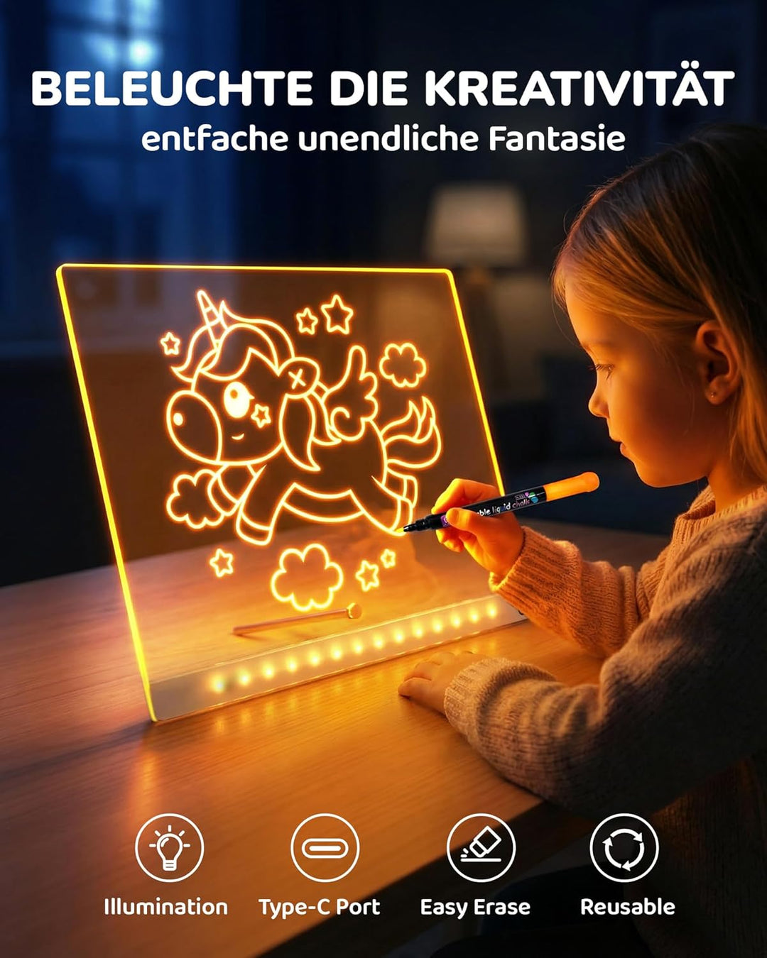 KOKODI LED Zeichentafel für Kinder, leuchtendes Malbrett 37x27 cm mit 7 Stiften, USB-C, kreatives Le
