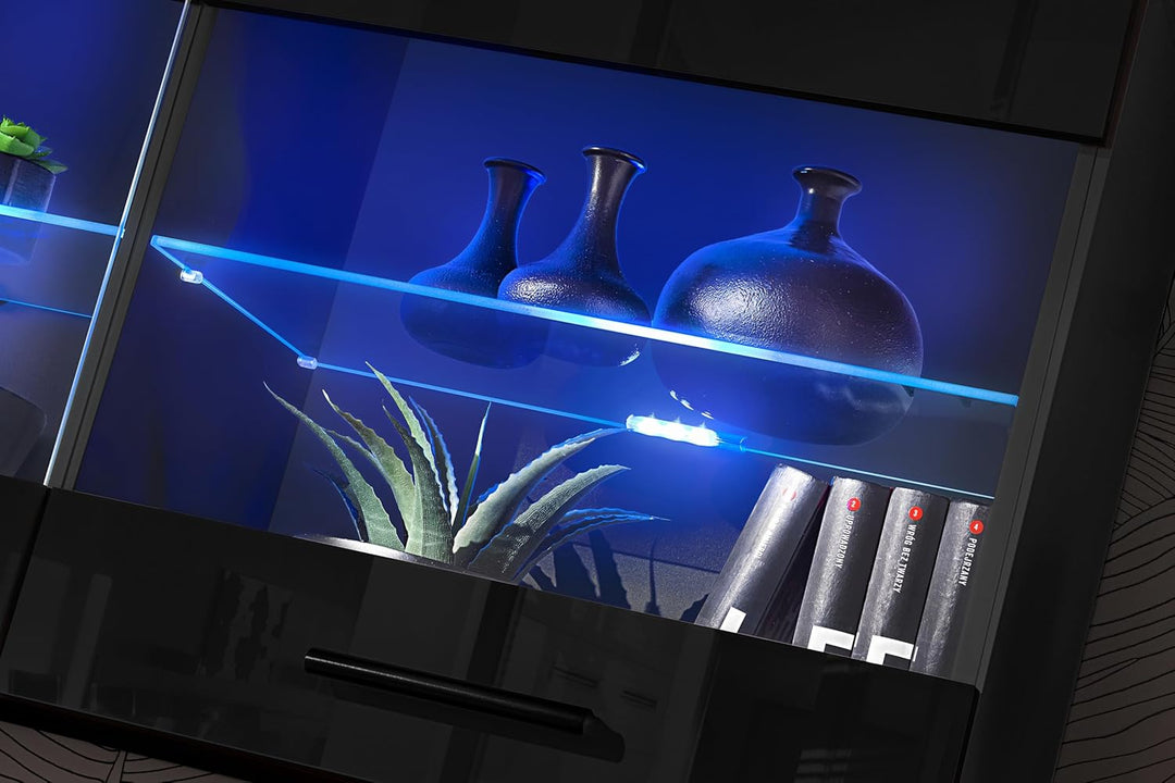 Komodee, Vitrine Schrank Savona, Schwarz/Schwarz, Breite 100cm x Höhe 50cm x Tiefe 30cm, Blaue LEDs,