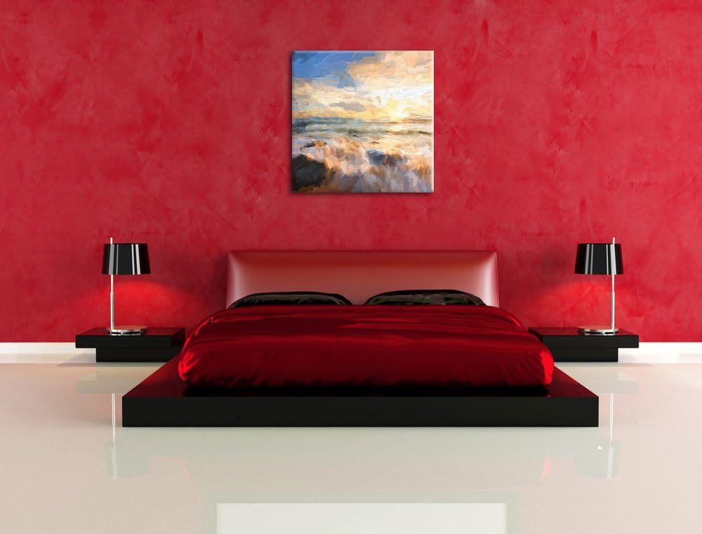 Pixxprint Sonnenuntergang am Meer Pinsel Effekt, Format: 70x70 auf Leinwand, 70x70