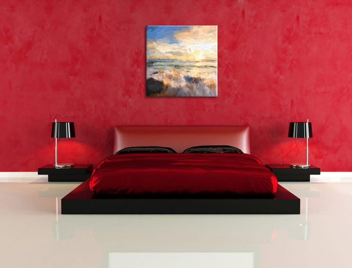 Pixxprint Sonnenuntergang am Meer Pinsel Effekt, Format: 70x70 auf Leinwand, 70x70
