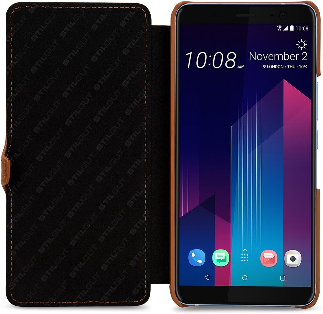 STILGUT Book Type Case, Hülle Leder-Tasche für HTC U11+ (U11 Plus). Seitlich klappbares Flip-Case au