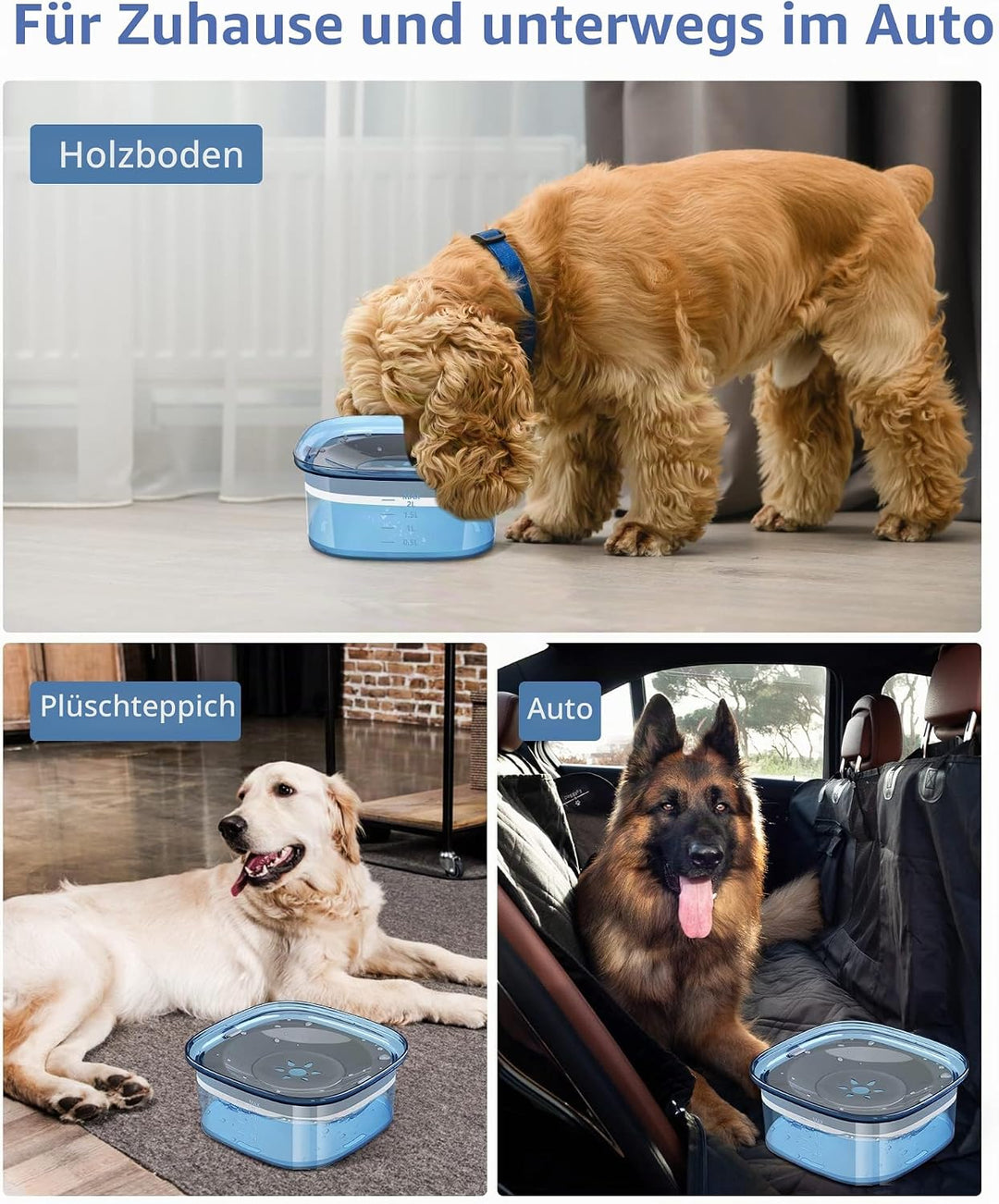 PETTOM Wassernapf für Hunde, 2L Trinknapf Hund Auslaufsicher rutschfest, Hundenapf Reise Wasserspend