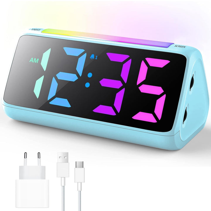 Wecker Digital, Digitaler Wecker Kinder mit Licht, Bunter LED Anzeige, 0-100% Helligkeitsdimmer, 2 A