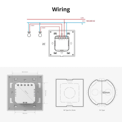 SONOFF T5 2 Gang WiFi Smart Touch Lichtschalter, 2 Wege Wireless Wandlichtschalter, Full Touch Schal
