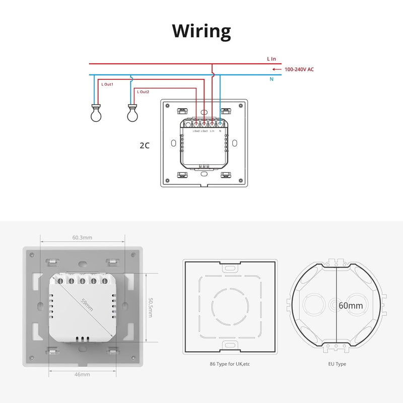 SONOFF T5 2 Gang WiFi Smart Touch Lichtschalter, 2 Wege Wireless Wandlichtschalter, Full Touch Schal