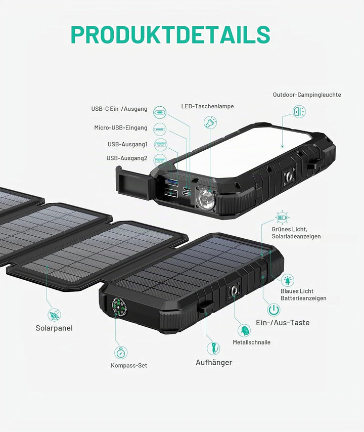 BLAVOR Solar Powerbank 20000mAh Tragbare Solar Ladegerät mit 4 Solarpanels, Outdoor wasserfester ext