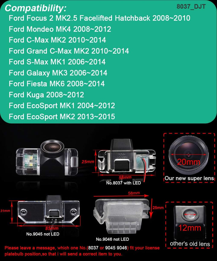 20mm Lens Super HD 170° Weitwinkel Wasserdicht Nachtsicht Rückfahrkamera Ersatz für Ford Focus 2 MK2