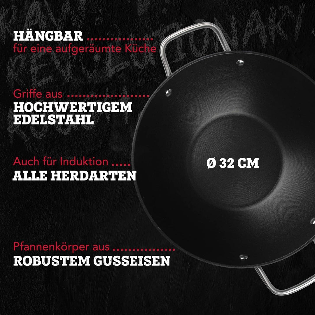 FMProfessional Force Wok aus Gusseisen 32 cm – Wokpfanne mit hochwertiger Antihaftbeschichtung – Gee