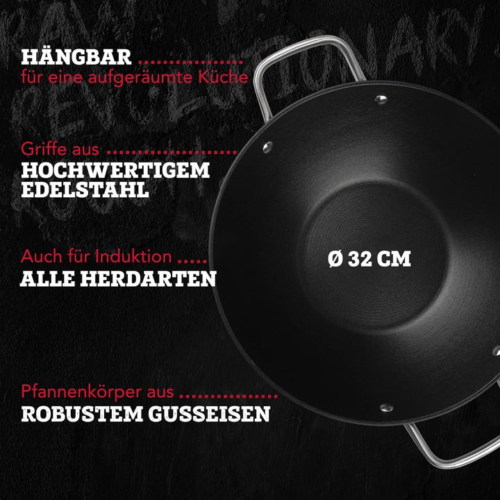 FMProfessional Force Wok aus Gusseisen 32 cm – Wokpfanne mit hochwertiger Antihaftbeschichtung – Gee