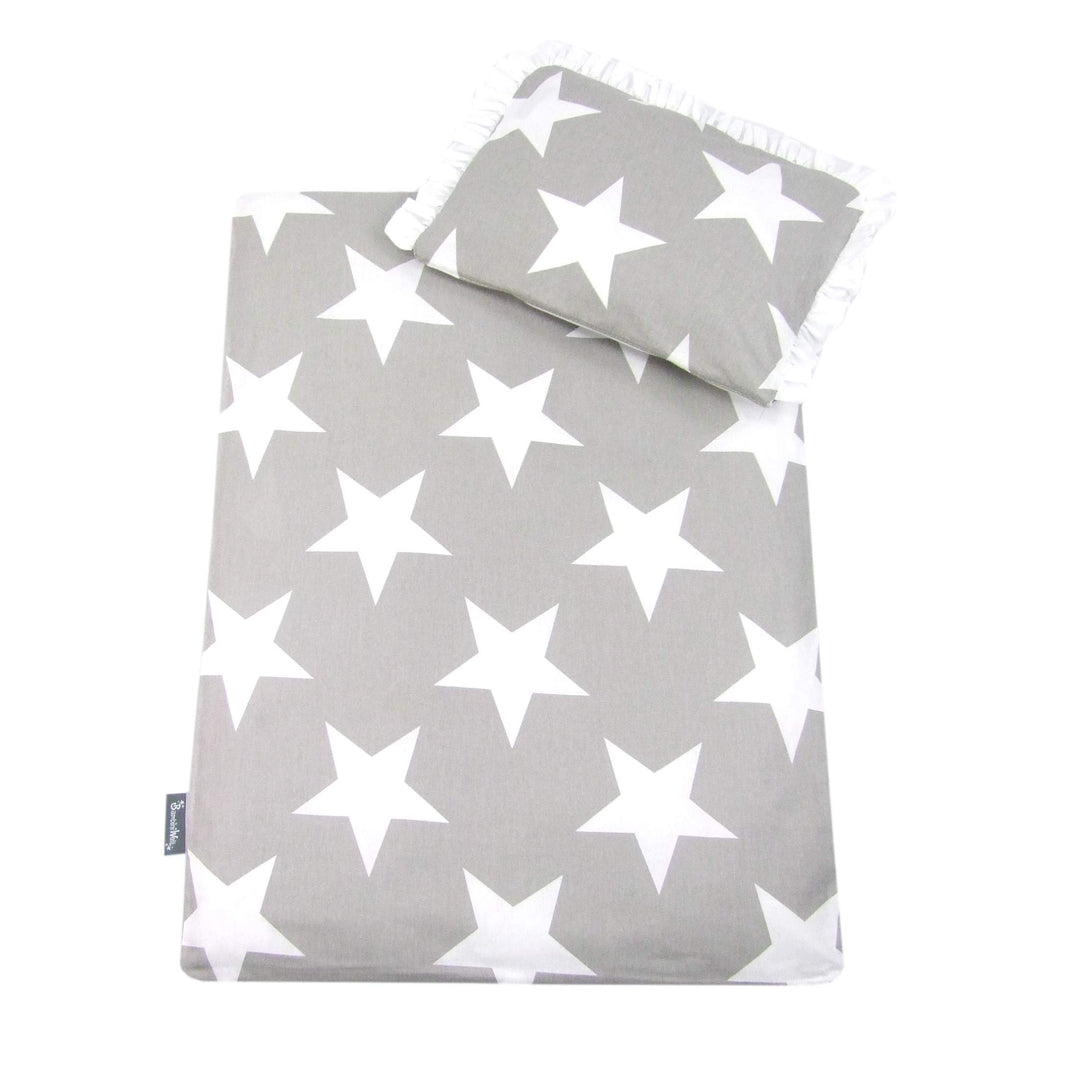Rawstyle 4 TLG. Set Bezug (Weiss + Sterne Grau) für Kinderwagen 70x50 cm Garnitur Bettwäsche Decke +