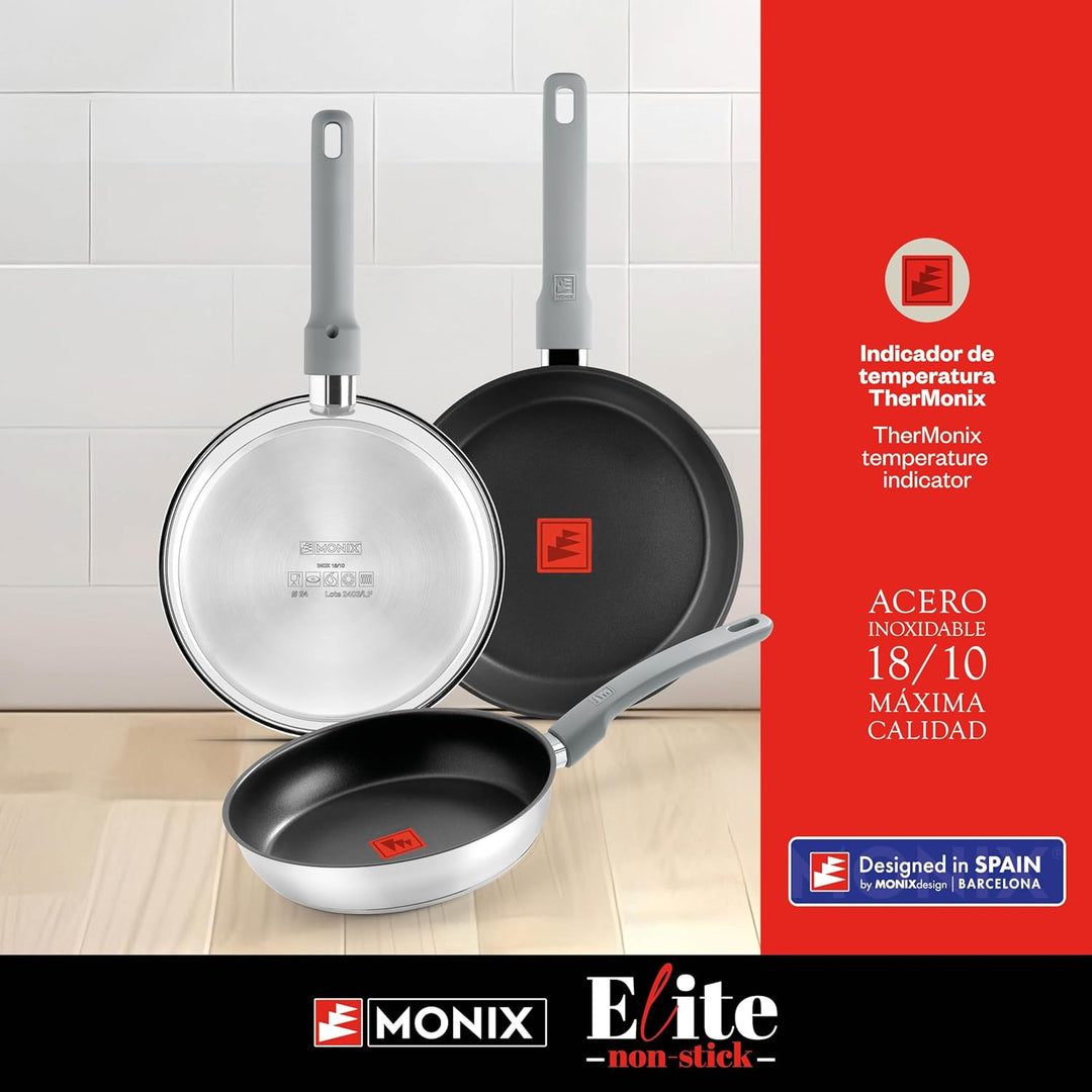 Monix Elite Non Stick Set mit 3 Pfannen, 20-24 - 26 cm, Edelstahl 18/10, dreilagige Antihaftbeschich