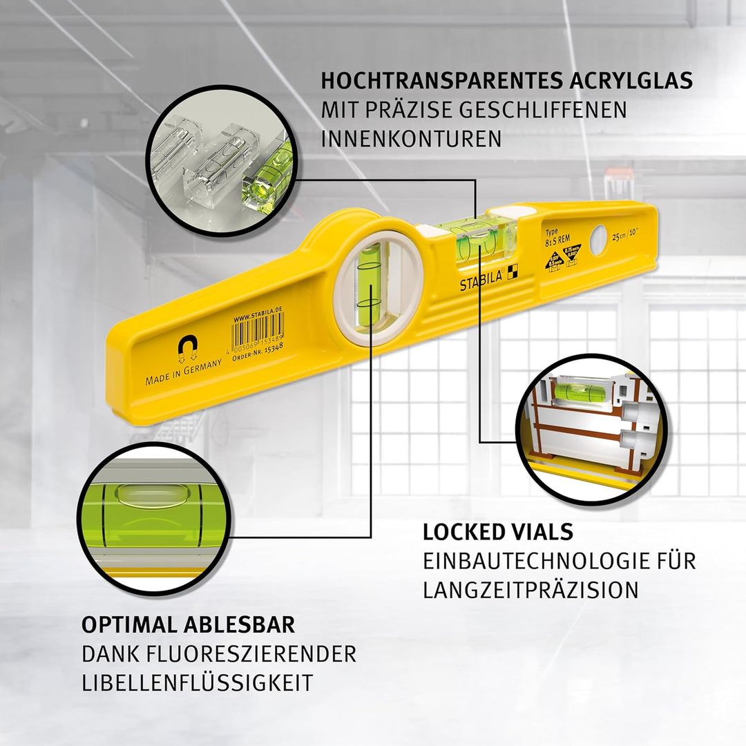 STABILA Magnet-Wasserwaage Type 81 S REM Torpedo mit Tasche, 25 cm, Alu-Gussprofil, Seltenerd-Magnet