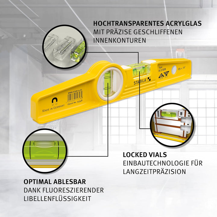 STABILA Magnet-Wasserwaage Type 81 S REM Torpedo mit Tasche, 25 cm, Alu-Gussprofil, Seltenerd-Magnet