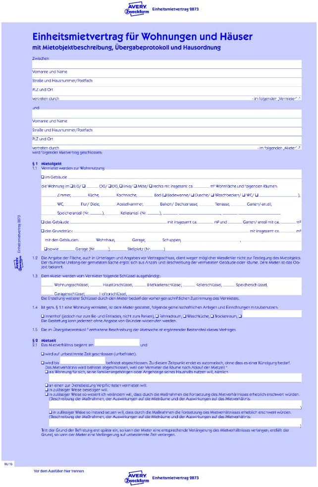 AVERY Zweckform 2873-10 Mietvertrag für Wohnungen und Häuser (Einheitsmietvertrag mit Übergabeprotok