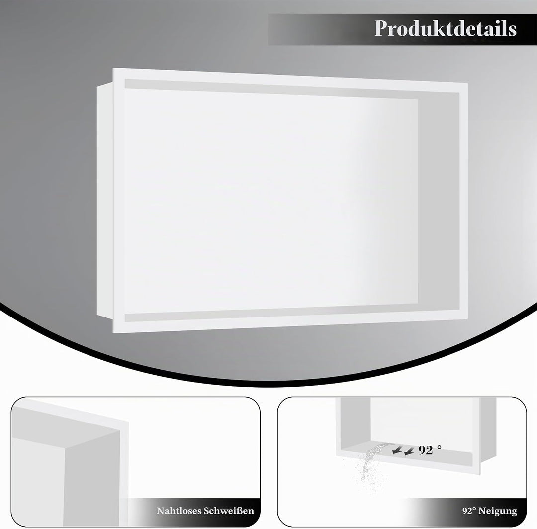 FTL Wandnische Dusche Edelstahl 64 x 33 x 10 cm,Weiss Duschnische für Badezimmer,Keine Fliesen Erfor