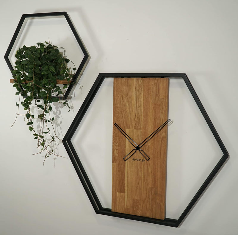 FLEXISTYLE Wanduhr gross XXL Hexagon Holz Eiche LOFT schwarz Industrial modern 80cm Durchmesser ohne