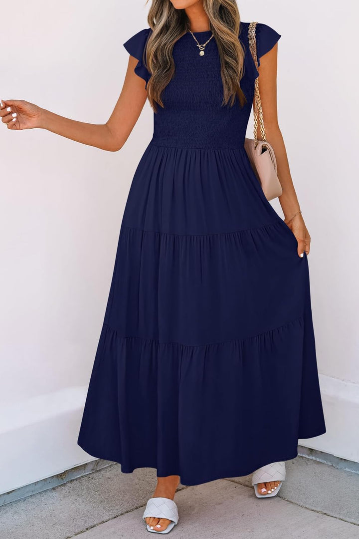 Damen Sommerkleid A Linie Kleider Kurzarm Kleid Midi Freizeitkleid S Dunkelblau, S Dunkelblau