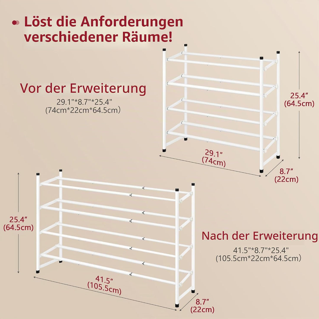 Tajsoon Schuhregal 4 Ebenen, 74–104 cm verstellbar &amp; stapelbar, für Eingang, Schrank, Garage, weiss