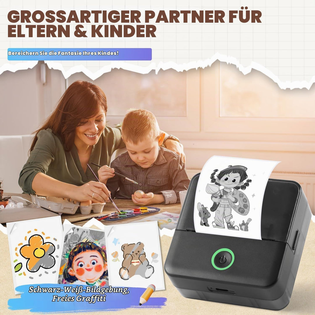 PRAOAHEI Mini Drucker, Tragbarer Thermodrucker mit 10 Rollen Druckerpapier | Bluetooth Etikettendruc