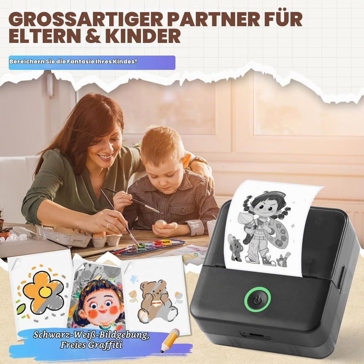 PRAOAHEI Mini Drucker, Tragbarer Thermodrucker mit 10 Rollen Druckerpapier | Bluetooth Etikettendruc