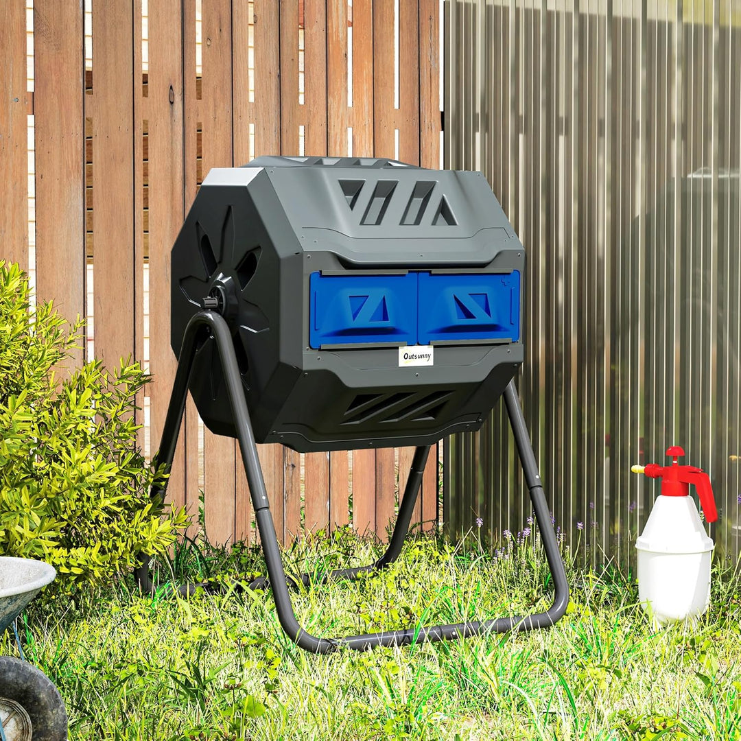 Outsunny Komposteimer für den Aussenbereich, 160 l, Doppelkammer, 360° drehbarer Komposter, Gartenko