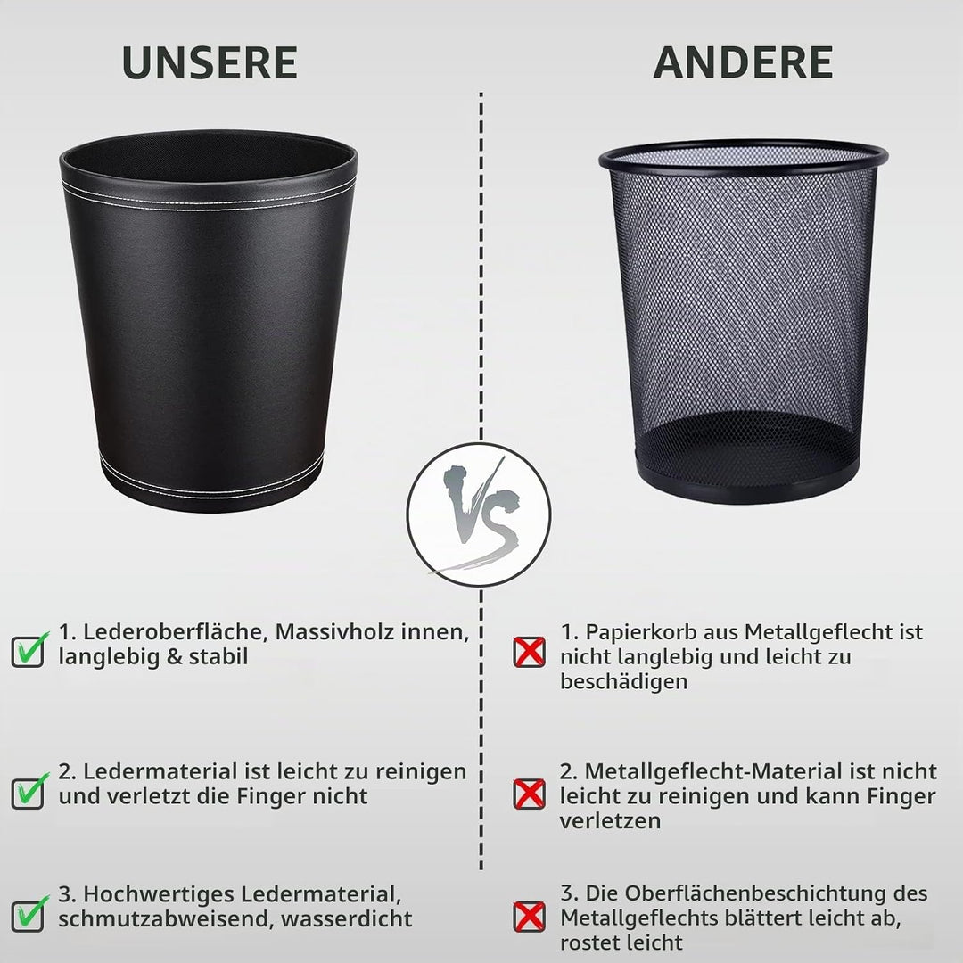 GORESE Papierkorb Büro - Papierkorb aus Leder in Schwarz, modernes Design, Mülleimer für Küche, Bad,