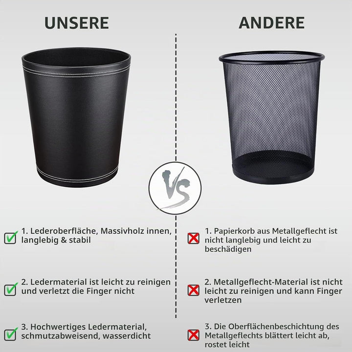 GORESE Papierkorb Büro - Papierkorb aus Leder in Schwarz, modernes Design, Mülleimer für Küche, Bad,