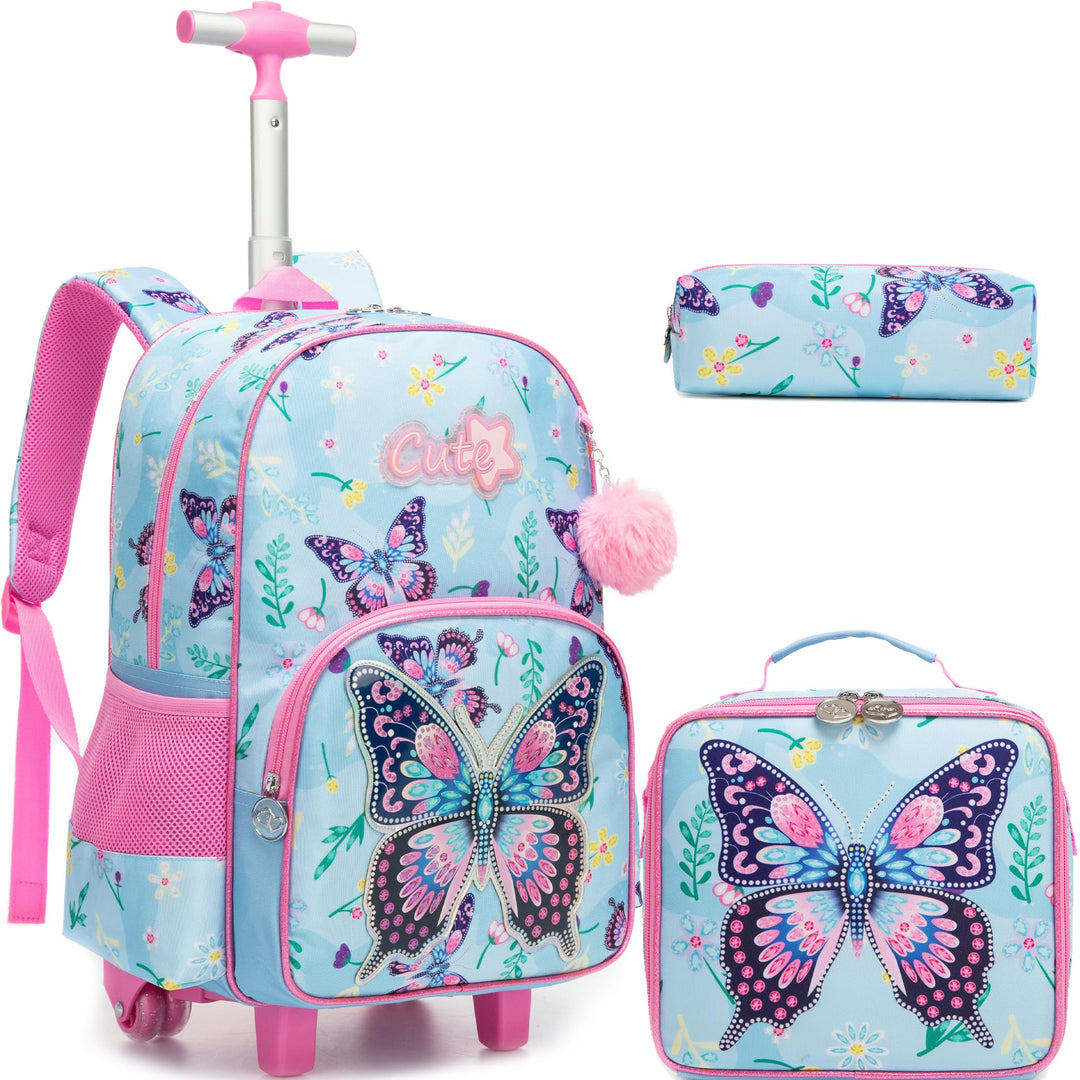 HTgroce Schulrucksack Trolley Mädchen (Schmetterling Design) – Ergonomischer Schulranzen mit Rollen