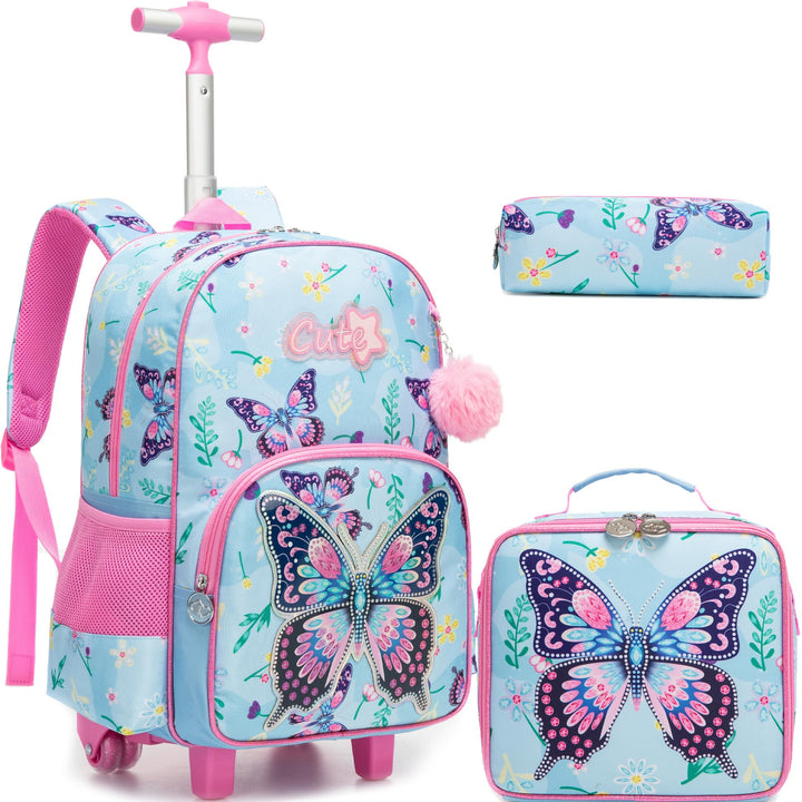 HTgroce Schulrucksack Trolley Mädchen (Schmetterling Design) – Ergonomischer Schulranzen mit Rollen