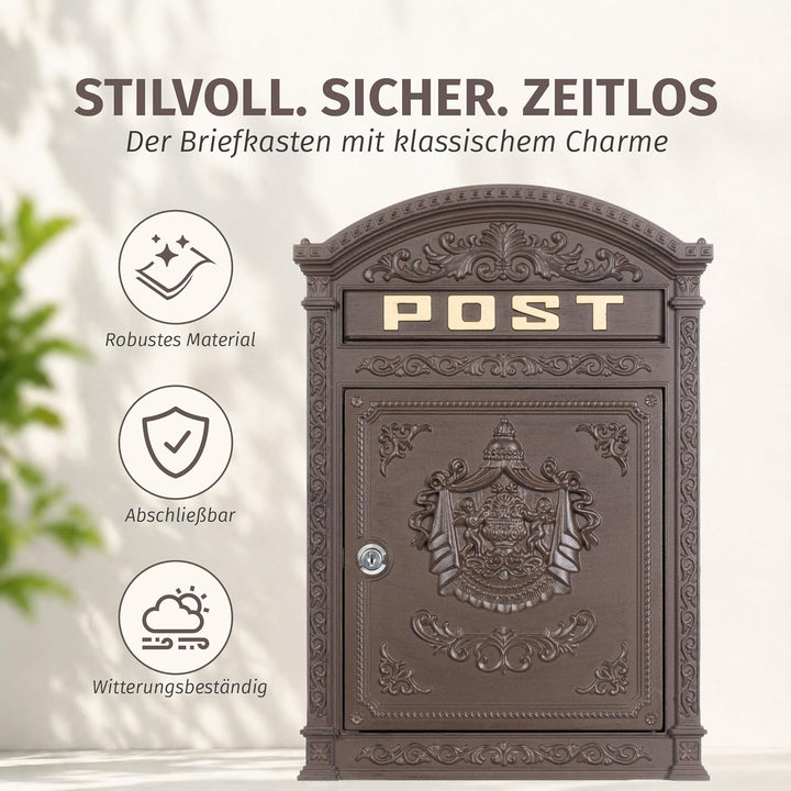 Briefkasten braun Englischer Postkasten Antik Stil aus Aluguss zur Wandmontage Nostalgie Standarform