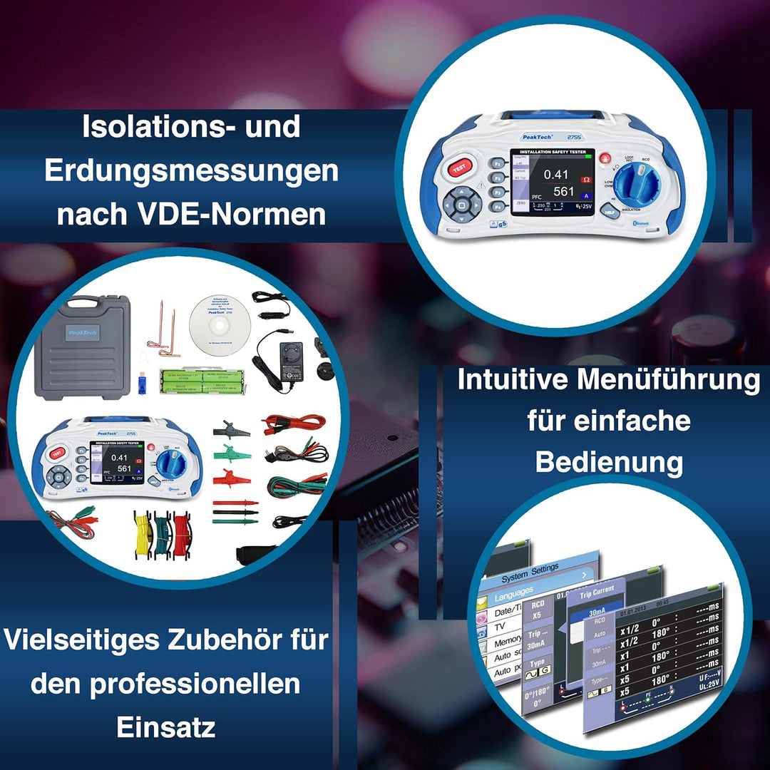PeakTech 2755 – VDE-0100 Installationstester mit Bluetooth, USB & SD-Karte, Multifunktions Prüfgerät