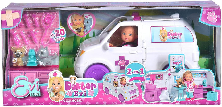 Simba 105733488 - Evi Love Doktor Evi 2-in-1 Tiermobil, Evi als Tierärztin, aufklappbares Auto, Tier