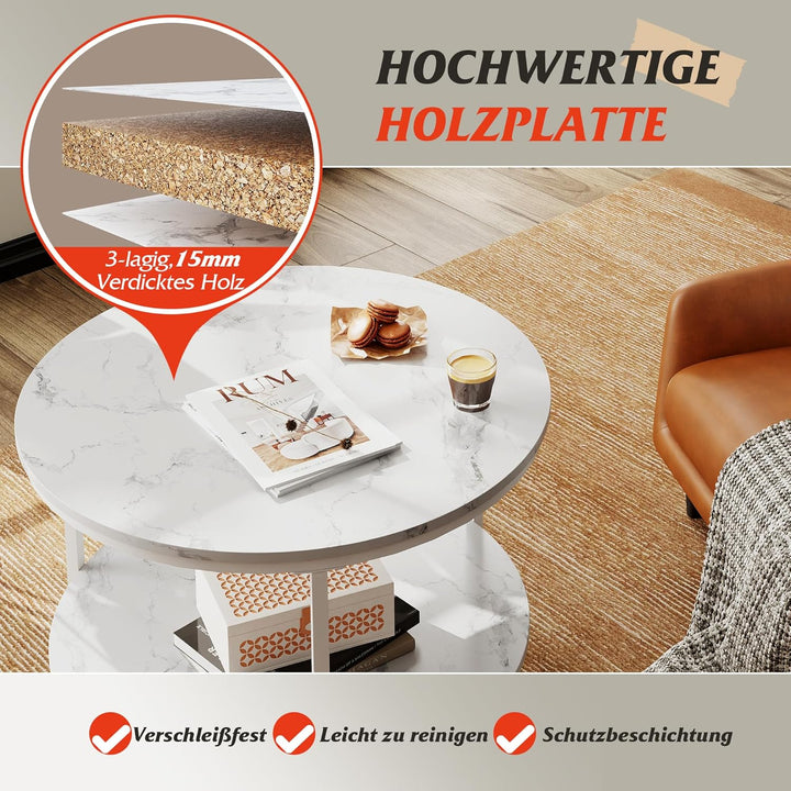 WLIVE Runder Couchtisch Weiss, Wohnzimmertisch Holz mit 2 Ebenen, Sofatisch mit viel Stauraum, für W