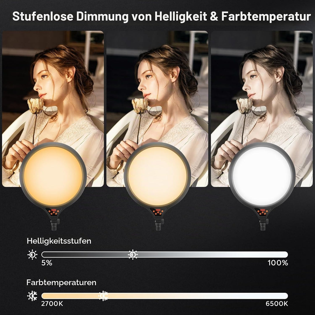 LED Videolicht 35CM, Ringlicht mit Stativ Stufenlose Dimmbare 2700-6500K Digitales Anzeigefeld Handy