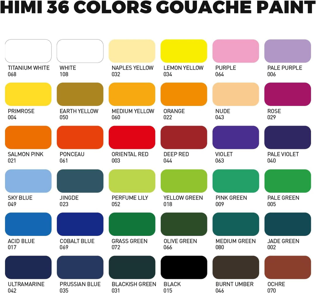 ARTFLY HIMI Gouache Farben Set, 36 Farben x 12 ml, Twin-Jelly-Cup-Design mit 3 Pinseln und einer Pal