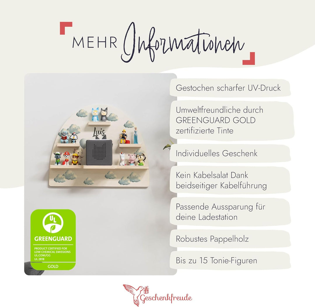Geschenkfreude Personalisiertes Toniebox Regal für Kinderzimmer - Kinder Wandregal für Tonie Hörfigu