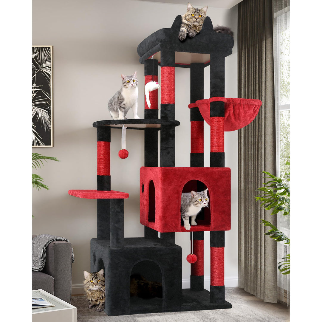 Globlazer Kratzbaum Schwarz Rot für 3-5 Grosse Katzen 156 cm mit 2 Extragross Katzenhaus 45 * 40 * 3