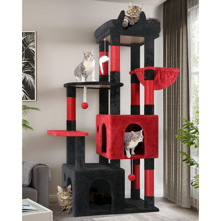 Globlazer Kratzbaum Schwarz Rot für 3-5 Grosse Katzen 156 cm mit 2 Extragross Katzenhaus 45 * 40 * 3