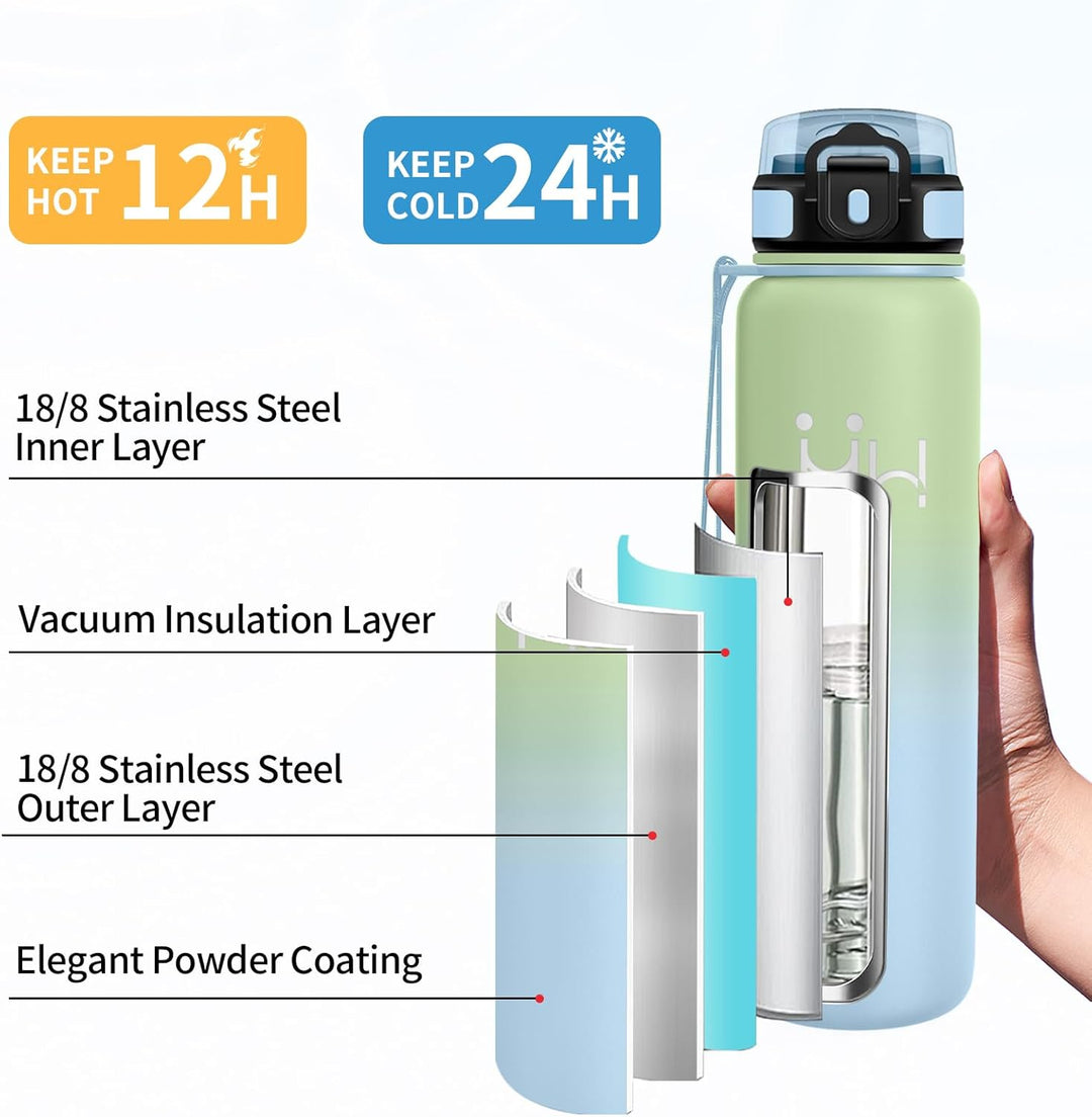 Trinkflasche Edelstahl 1L, Thermosflasche mit Strohhalm, BPA-Frei, Kohlensäure Geeignet, Einhandöffn