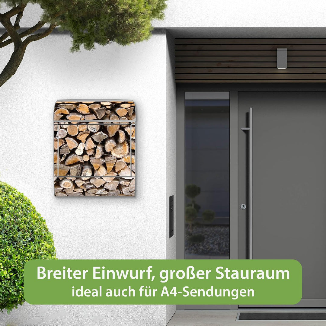 banjado® Design Briefkasten mit Motiv Holzstapel 39x47x14cm &amp; 2 Schlüssel - Briefkasten Stahl Silber