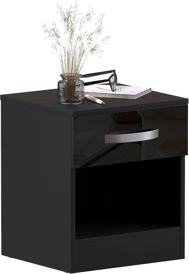 Vida Designs Hochglanz Nachttische, Nachttisch Beistelltisch (Schwarz, 1 Schublade) 1 Drawer Schwarz