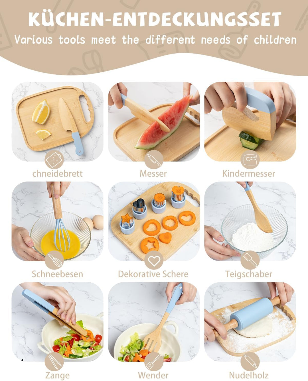 Kindermesser Set – 15-teilig mit sicherem Kiddikutter, Holzmesser Schneidebrett – Montessori Küchens